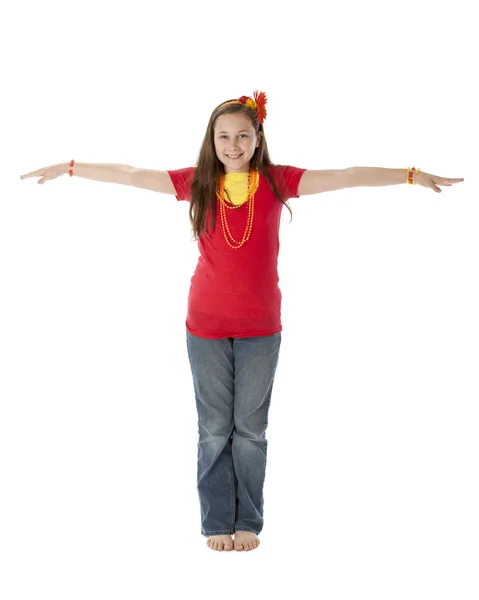 Human Alphabet. Girl shows letter T — Stock Photo, Image