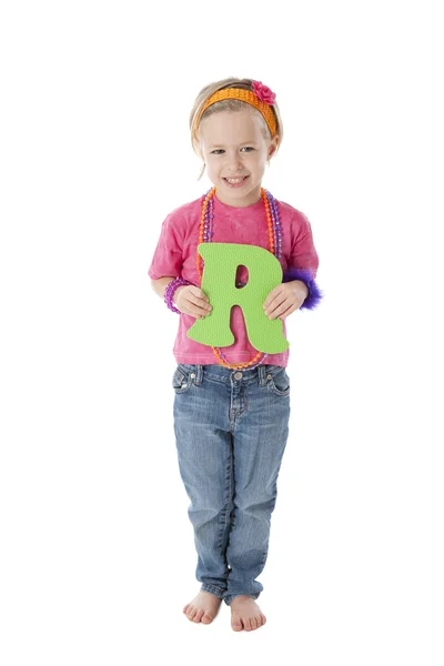 Human Alphabet. Caucasian little girl holds Letter R — Stock Photo, Image
