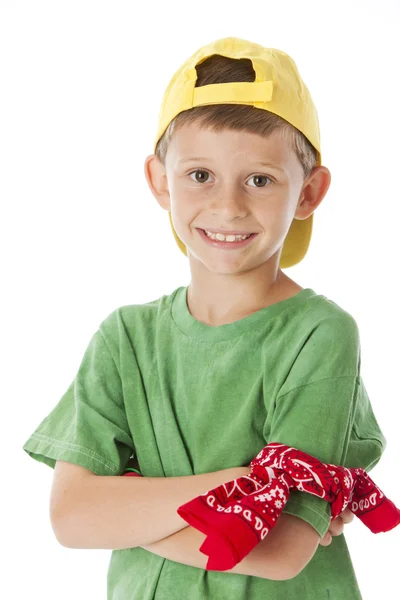 Real. Caucasian little boy wearing a baseball cap and bright, colorful clothes — Stock Photo, Image