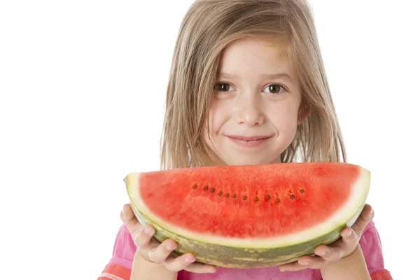 Healthy Eating. Caucasian little girl holding a fresh juicy piece of watermelon — Stock Photo, Image