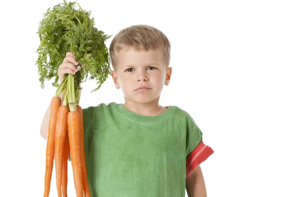 健康饮食。白人小男孩抱着一堆胡萝卜 — 图库照片