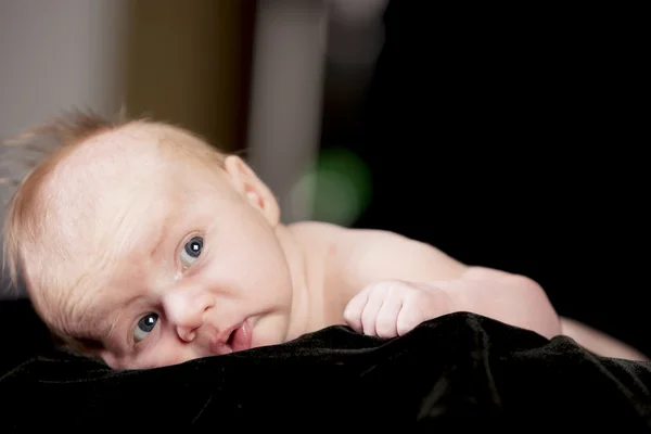 Caucasian newborn baby boy lying down on a soft black blanket — Stock Photo, Image