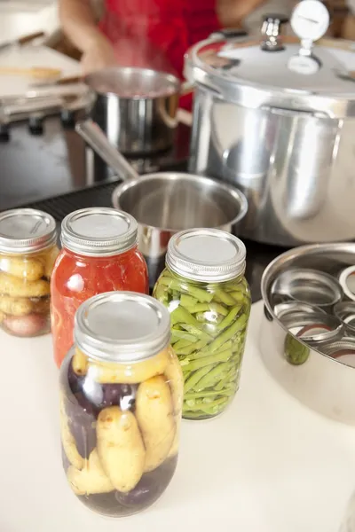 Консервування. Кухонна плита під тиском, що використовується для консервування фруктів та овочів, свіжих з саду — стокове фото