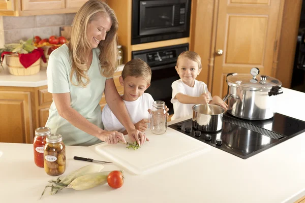 Canning. Mãe e seus dois filhos enlatando frutas e legumes caseiros — Fotografia de Stock