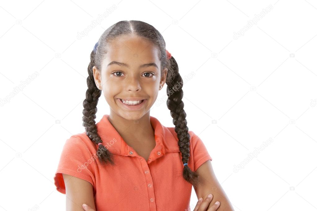 Smiling Little Real Girl With Braids In Her Hair Stock Photo