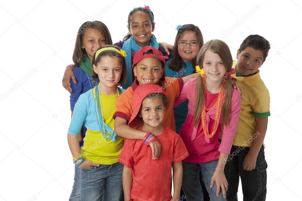 Diversity. Diverse group of children wearing vibrant colorful clothes.