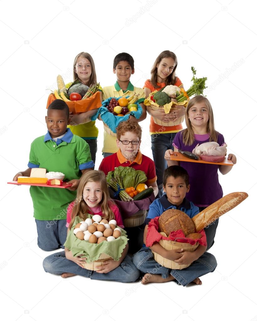 Healthy Eating. Group of children holding baskets with a variety of healthy food