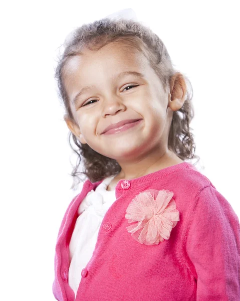 Proud confident mixed race little girl in pink. — Stock Photo, Image