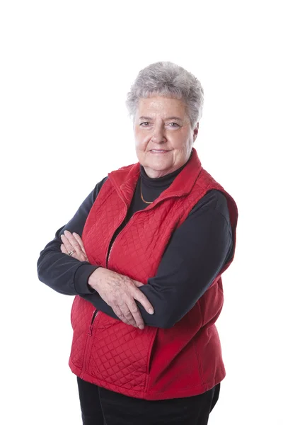 Mulher adulta idosa caucasiana com cabelo grisalho e um grande sorriso no rosto — Fotografia de Stock