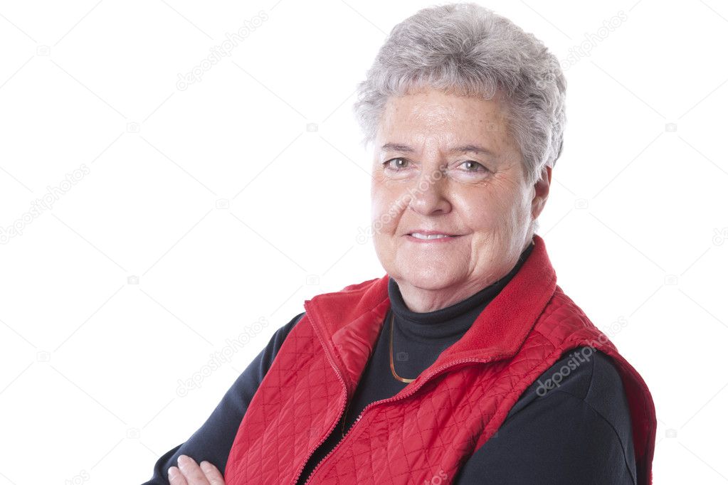Caucasian senior adult woman with gray hair and a big smile on her face