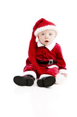küçük oğlu Noel Baba stares at fotoğraf makinesi gibi giyinmiş.