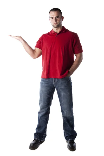 Real : Caucasian young adult male standing with his empty hand up — Stock Photo, Image