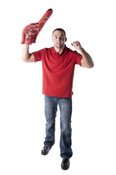 Sportfans. Kaukasische jonge volwassen mannelijke ventilator juichen met een schuim nummer één vinger — Stockfoto