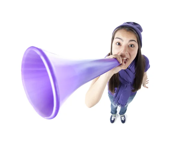 Sports Fans. Teenage girl fan cheering with a megaphone — Stock Photo, Image