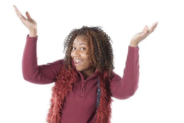 Feliz menina adolescente afro-americana celebra o sucesso — Fotografia de Stock