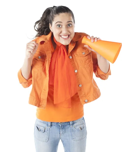 Sportfans. glimlachend tienermeisje ventilator juichen met een megafoon — Stockfoto