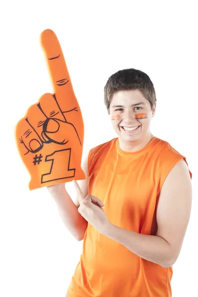 Fani sportu. mężczyzna hiszpanin sportowe korzenie wentylator dla zespołu pomarańczowy farbą palcem i twarzy pianka — Zdjęcie stockowe