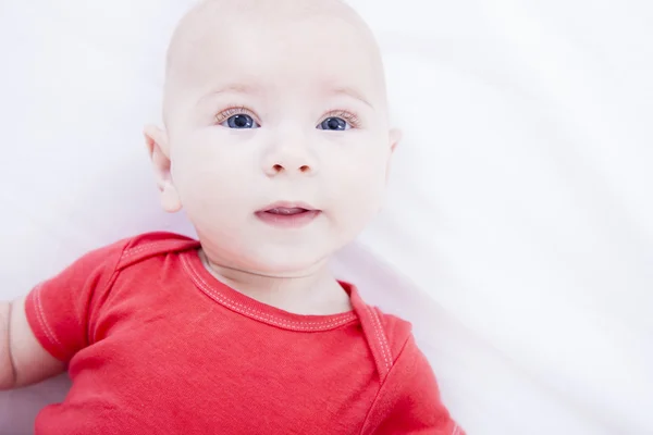 Close-up van een 5 maand oude Kaukasische kleine kale jongen baby — Stockfoto