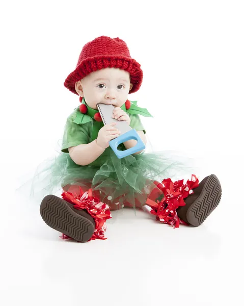 Caucasian baby girl plays with the tools — Stock Photo, Image