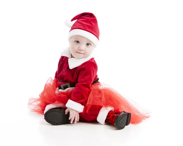 Caucasian baby girl, dressed as santa claus — Stock Photo, Image