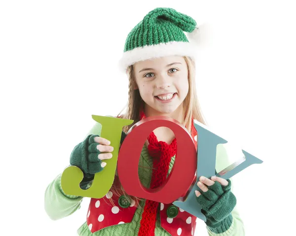 Christmas elf innehar bokstäver - glädje — Stockfoto