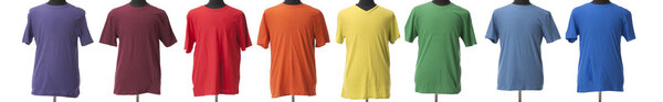 A colorful composite of birght t-shirts for boys or men in the colors of a rainbow
