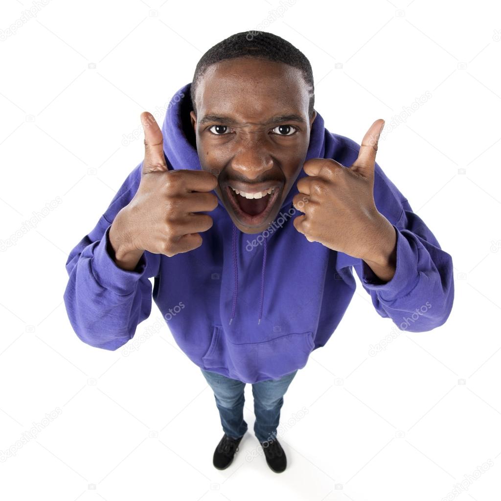 Fisheye caricature of an elated teenage boy giving two thumbs up