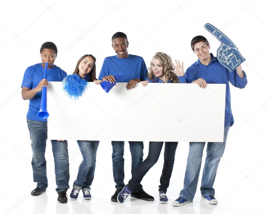 Sports Fans. Group of smiling teenagers cheering together as friends for the blue team