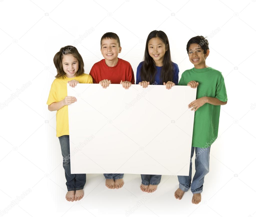 Multicultural children hold a sign