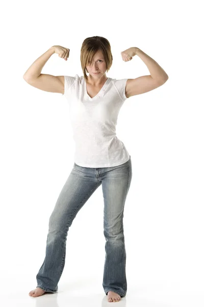 Female bodybuilder displays her biceps — Stock Photo, Image