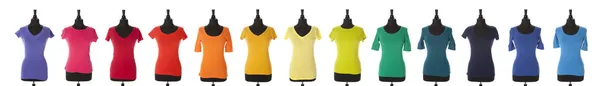 A colorful composite of birght t-shirts for women or girls in the colors of a rainbow — Stock Photo, Image