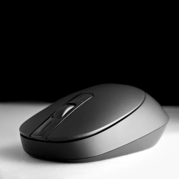 Black mouse with B,W background and copy space — Stock Photo, Image