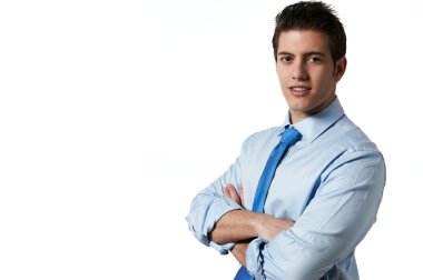 Genç başarılı bir iş adamı izole beyaz arka plan kopya alanı ile