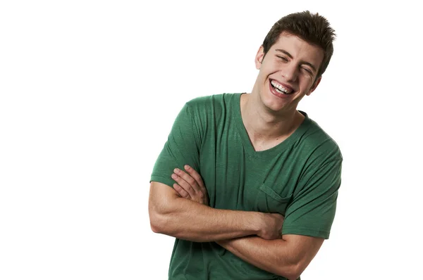 Young handsome male model laughing posing white background studio shot with copy space — Stock Photo, Image