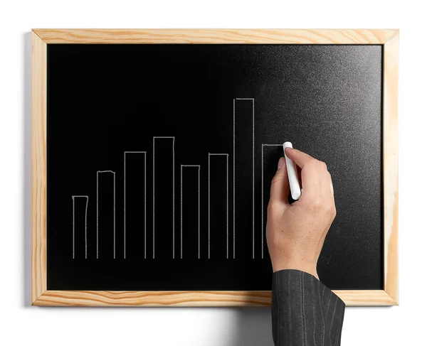 Business woman writing in empty black board with a white chalk — Stock Photo, Image