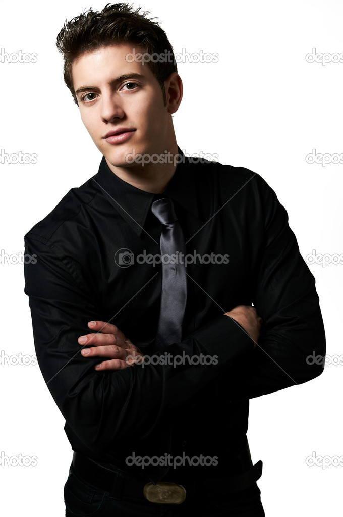 Young handsome male model posing white background studio shot with copy space
