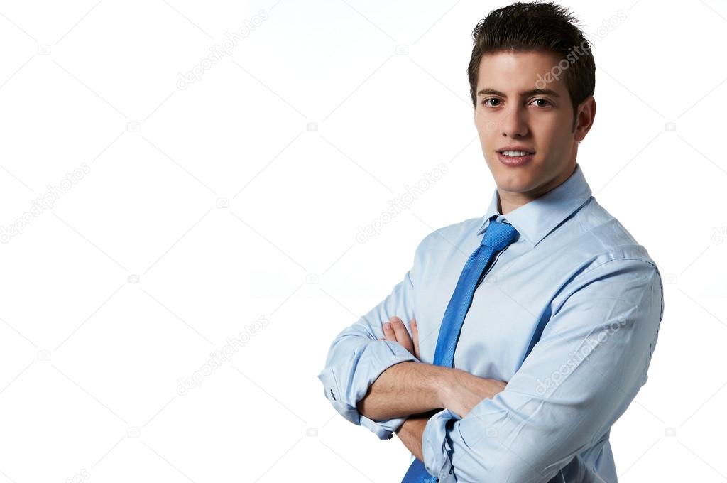 Young successful business man isolated white background with copy space