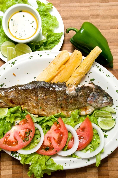 Эквадорская серия продуктов питания: жареная рыба на тарелке с юккой и салом — стоковое фото