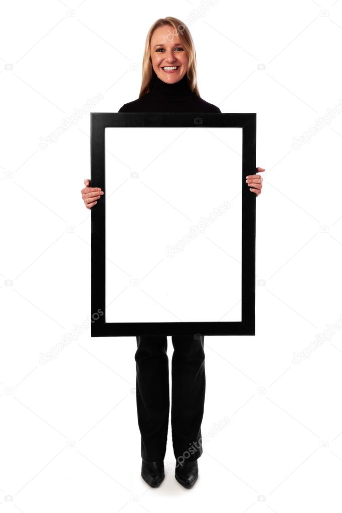 Young woman displaying a banner add isolated over a white background