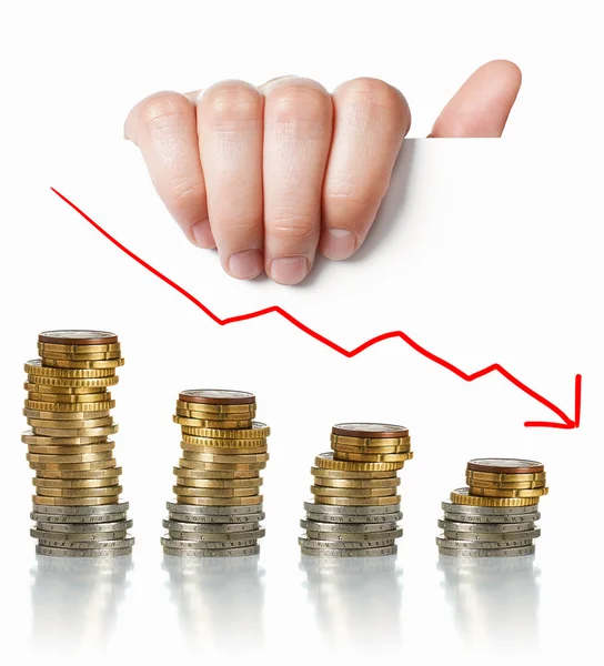 Conceito de crise financeira: mão segurando papel branco com moedas um — Fotografia de Stock