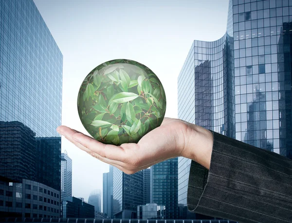 Concepto ecológico: Mano sosteniendo un globo con hojas de la naturaleza en busi — Foto de Stock