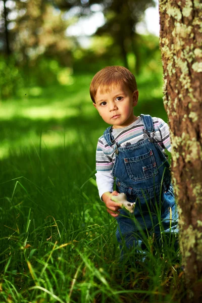 Petit beau garçon jouant dans le parc — Photo