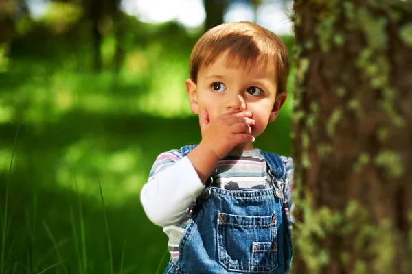 Маленький красивый мальчик играет в парке — стоковое фото
