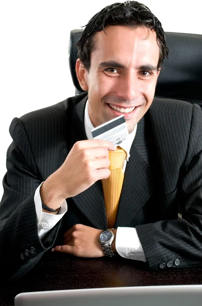 Business man at office paying online with his credit card — Stock Photo, Image