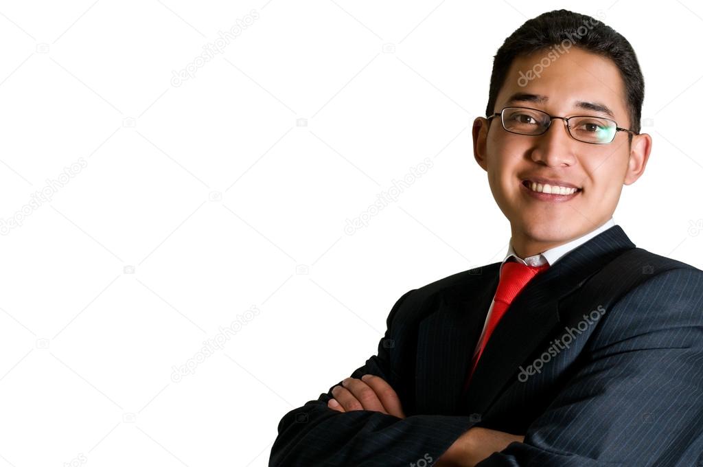 Isolated happy latin business man with copy space
