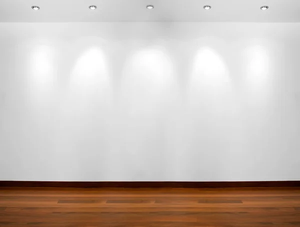 Empty white wall with 3 spot lights and wooden floor Stock Picture