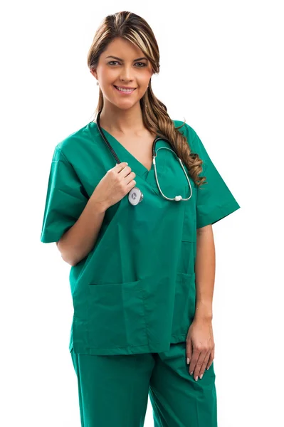 Z stetoskop uśmiechający się medycznych lekarka. na białym tle nad whi — Zdjęcie stockowe