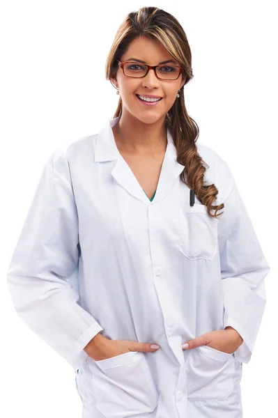 笑顔の医療女性医師。白地に隔離された — ストック写真