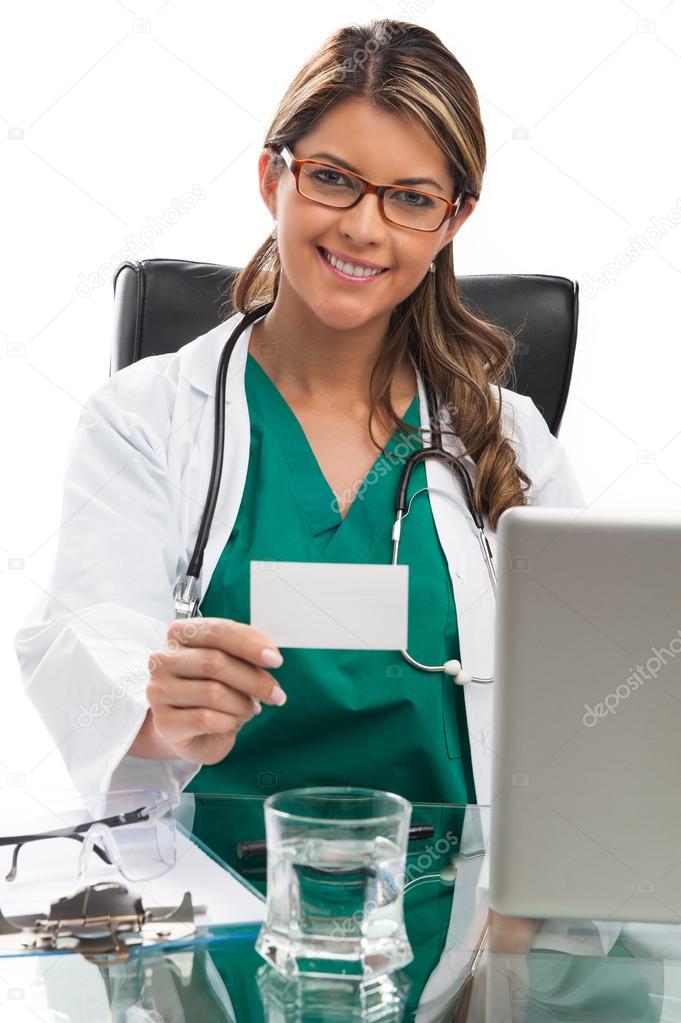 Smiling medical woman doctor at private practice showing busines