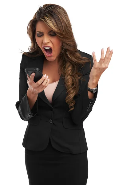 Business woman screaming at phone — Stock Photo, Image